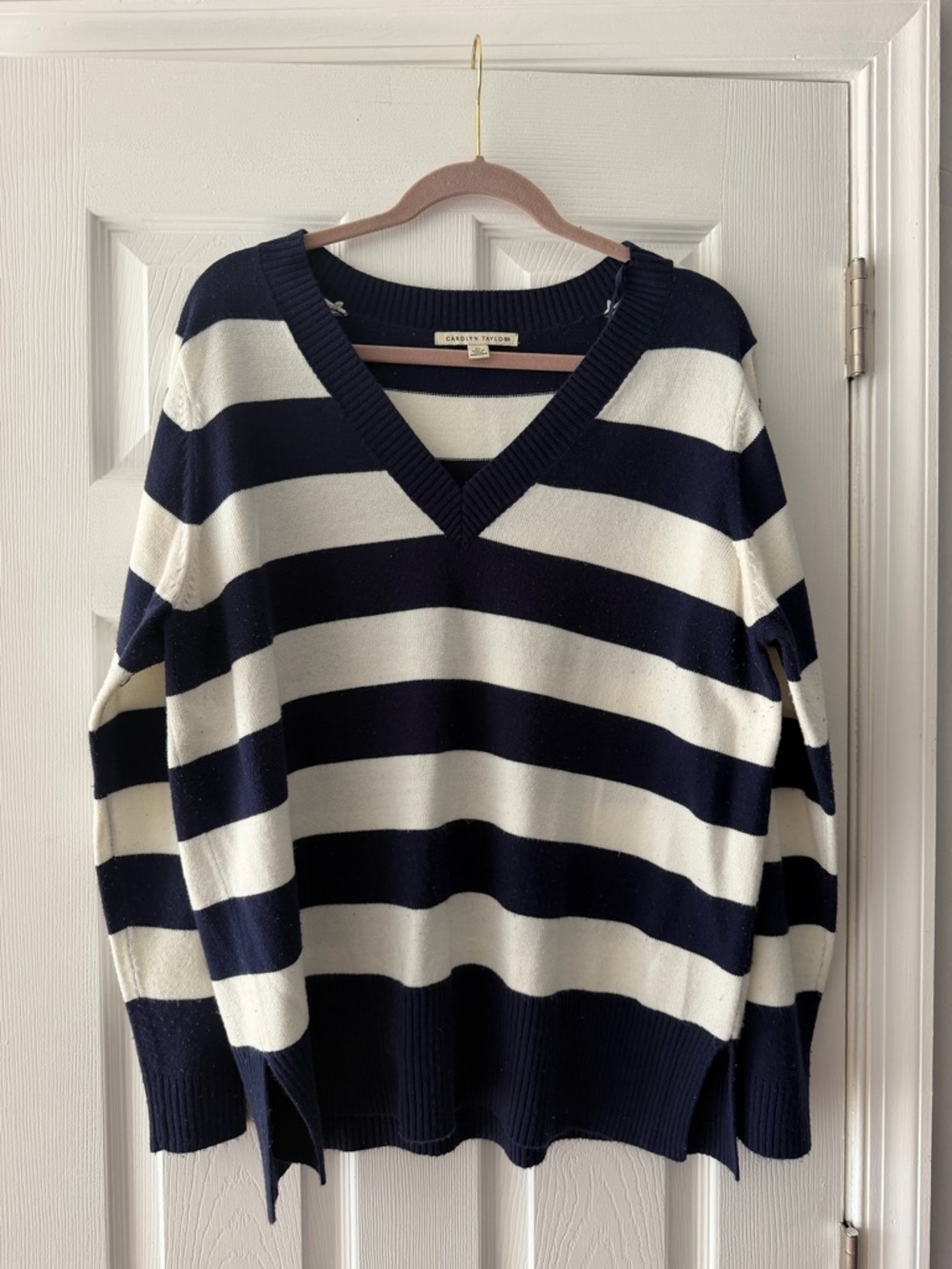 Striped V-Neck Sweater in Navy & White - Classic Crew Look